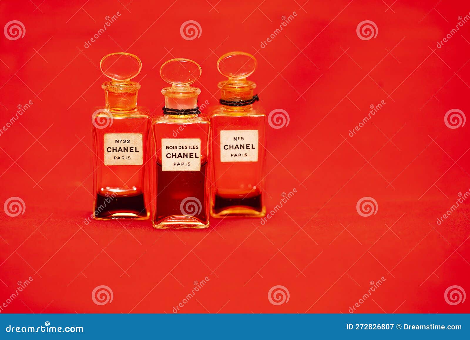 Three Vintage Decanters of Chanel Perfume on Red Background Editorial  Photography - Image of background, flask: 272826807