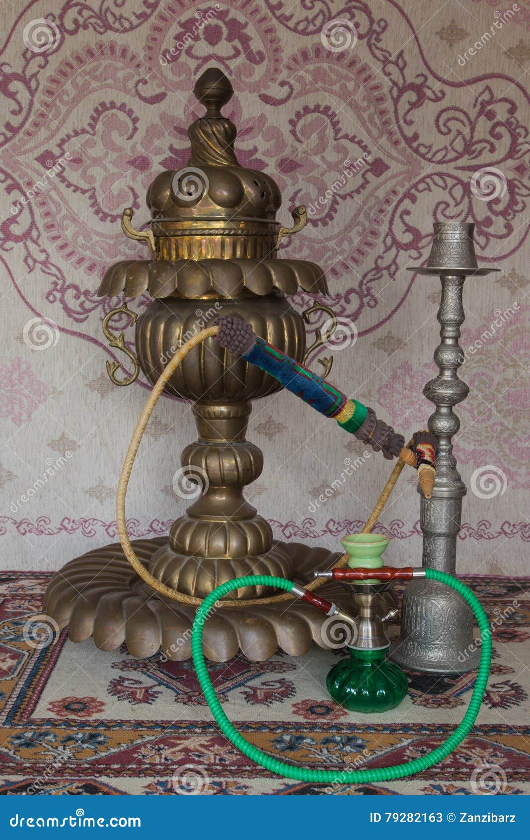 Three Vintage Hookahs in Front of Carpet Stock Image Image of smoke