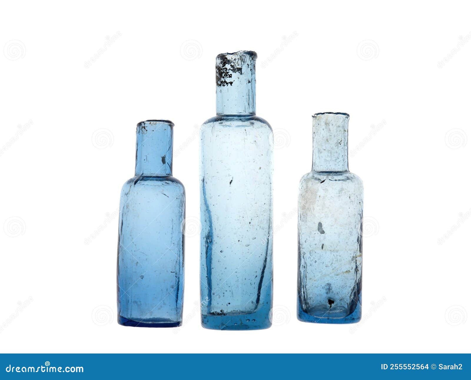 vintage sheared lip old bottles, hand blown collectable antique.  over white.