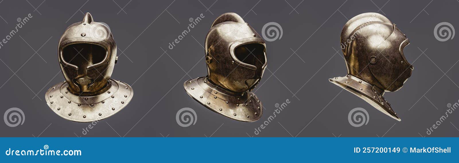 Three Warrior Helmets from 3 View Angles, Old Brass Metal Helm, 3d