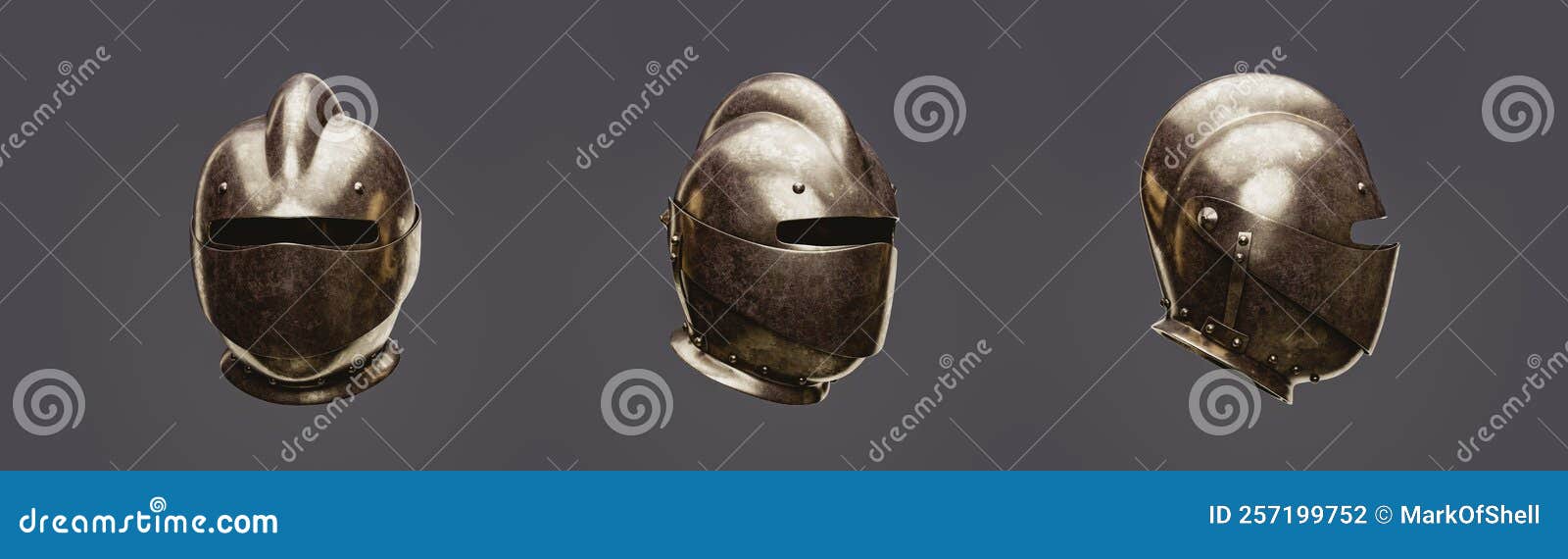 Three Warrior Helmets from 3 View Angles, Old Brass Metal Helm, 3d