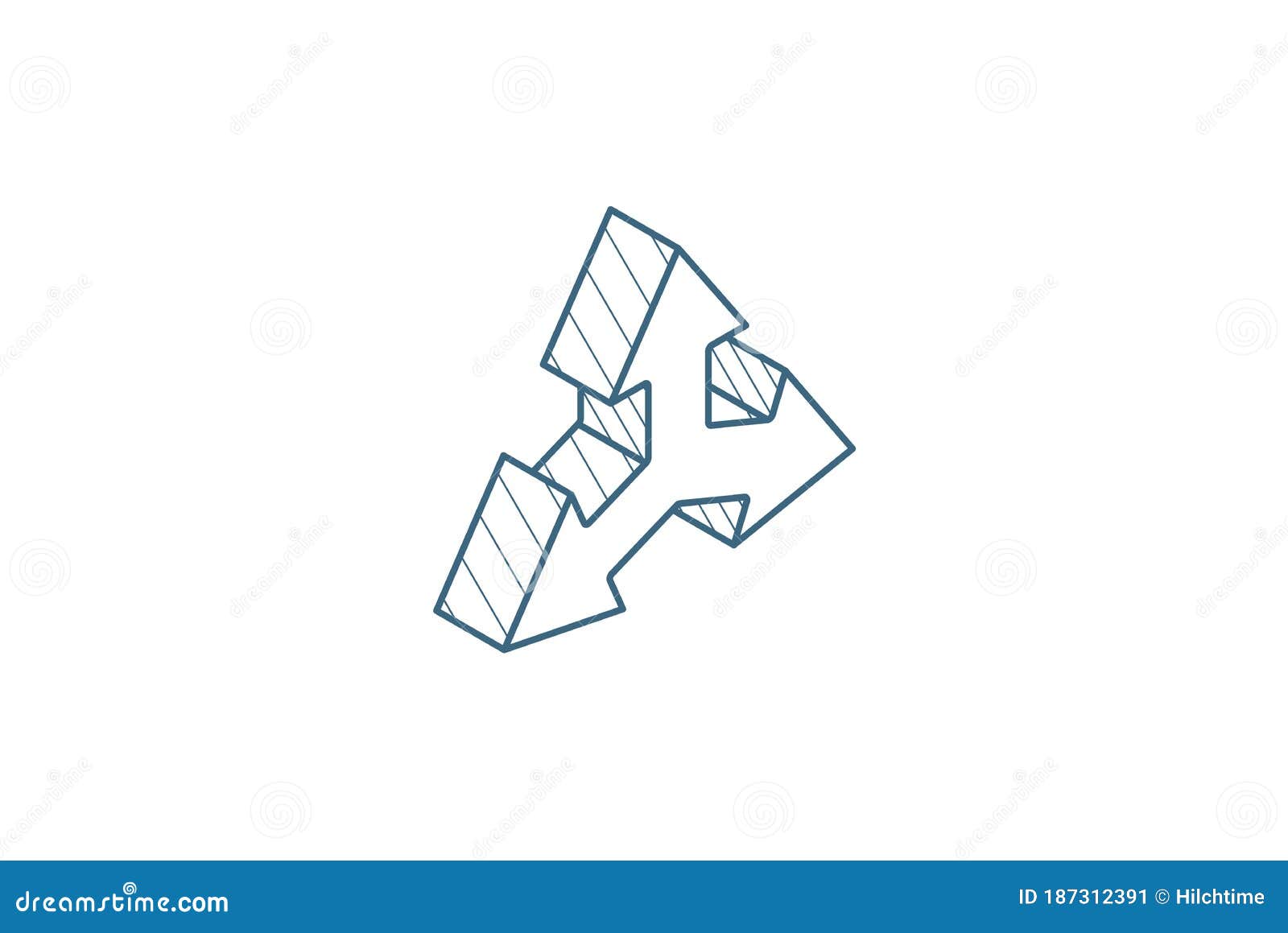 three-way direction arrow isometric icon. 3d line art technical drawing. editable stroke 