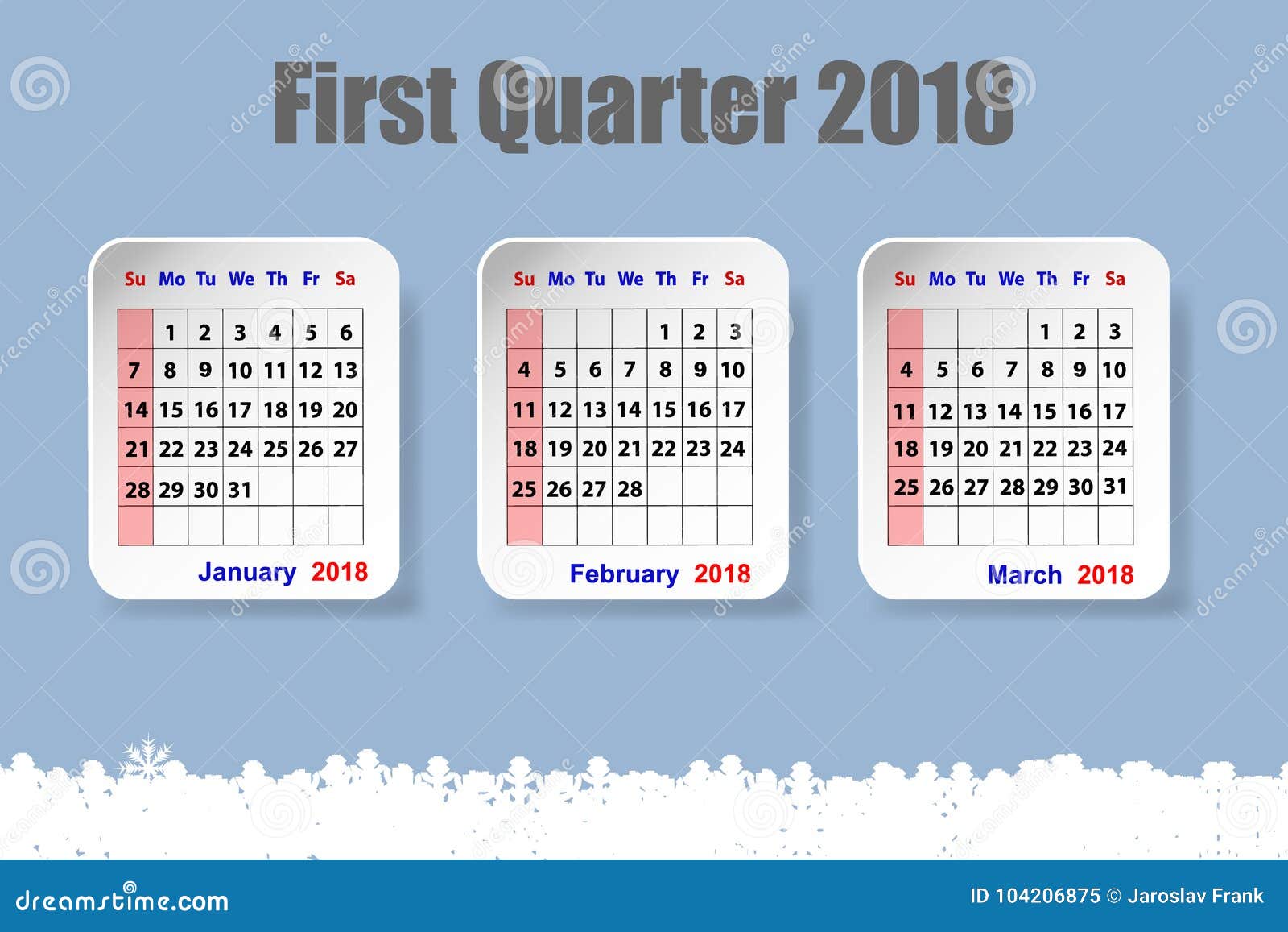 Calendar For The First Quarter Of The Year 2018 With Snowflakes Stock Vector Illustration Of Diary Calendar 104206875