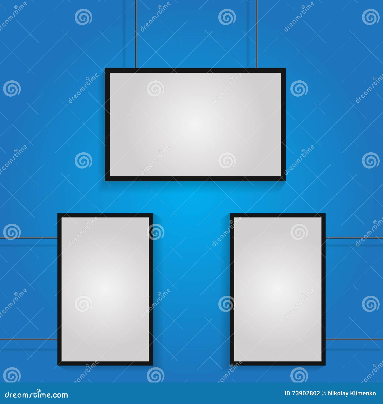 Three White Poster with Black Frame on Blue Wall Eps 10 Stock
