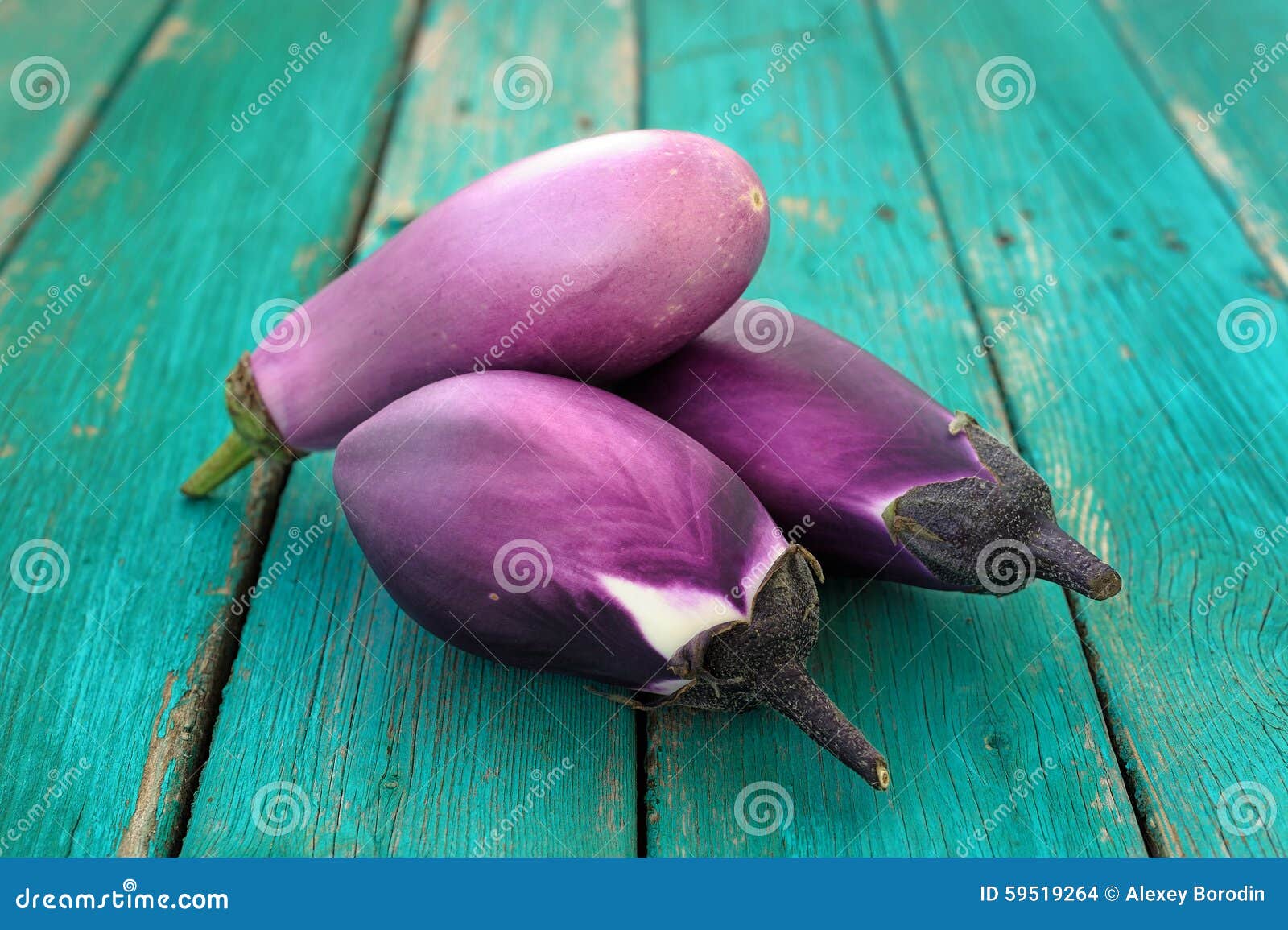 Three Whole Fresh Organic Violet Aubergines on Old Turquoise Tab Stock