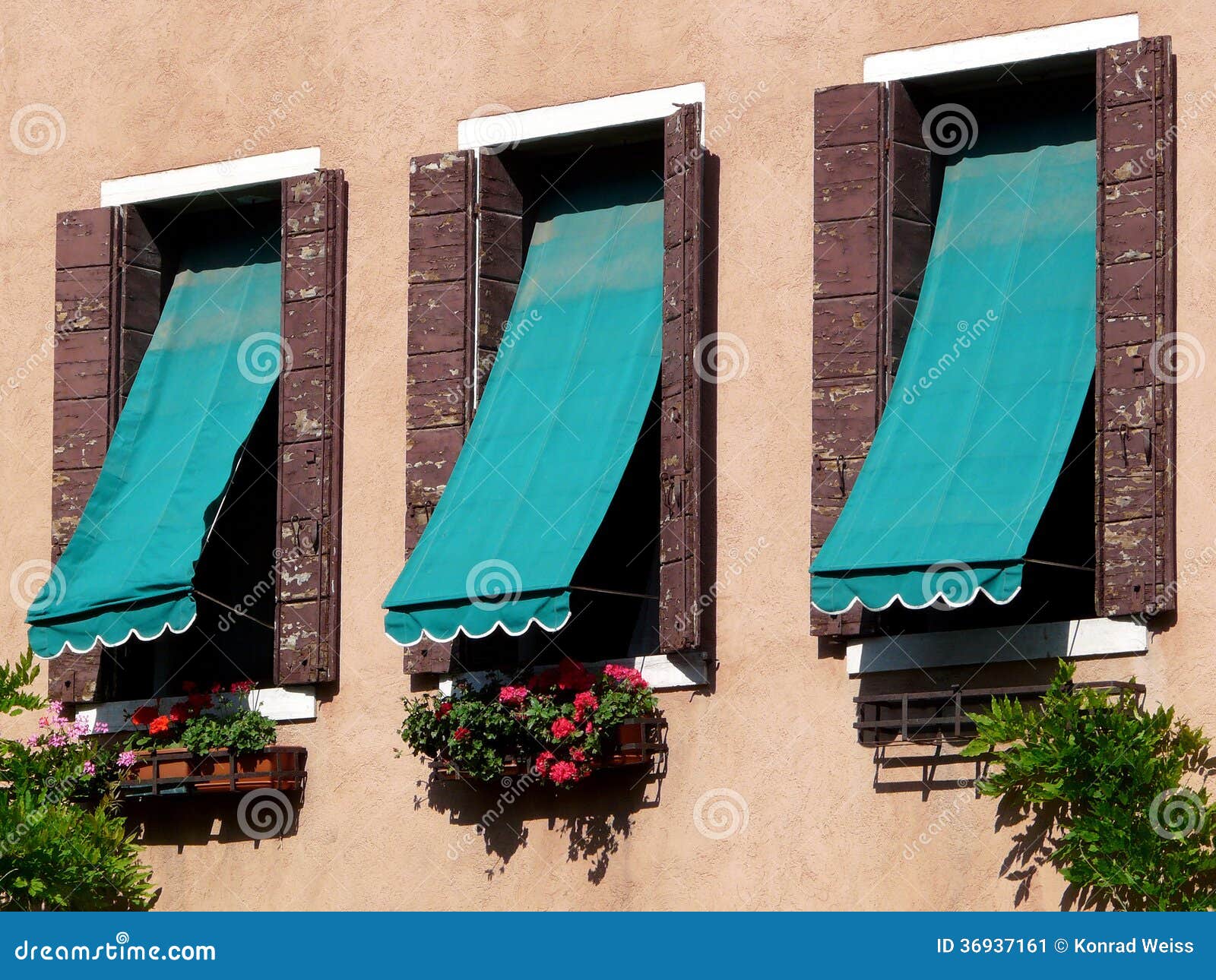 Three Windows with Awnings in Venice Stock Image Image of decorative