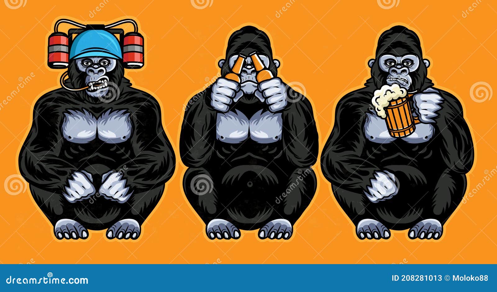 Three Wise Gorillas with Beer. Vector Illustration. Stock Vector Illustration of sayings