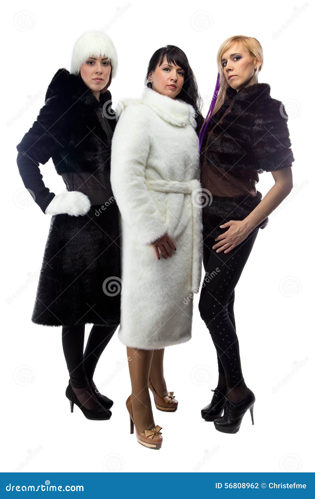 Three Women In Fur Coats Full Length Stock Photo Image Of Pudgy