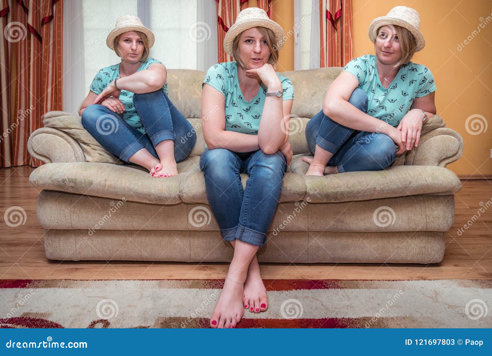 Three Women Sitting On The Sofa Stock Image Image Of Adult Casual 121697803