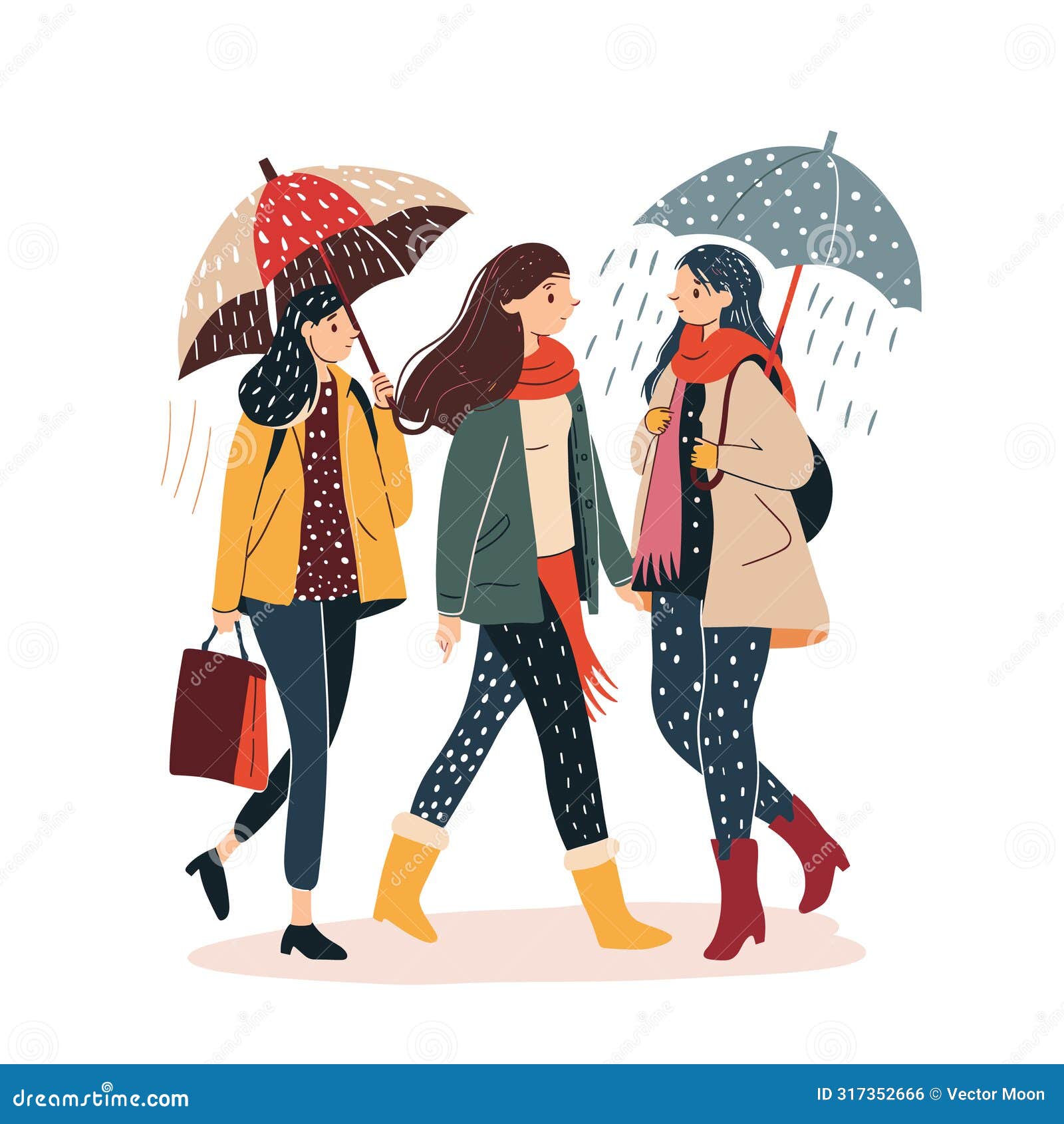 three women walk together during rainfall, two holding umbrellas, wearing stylish rainwear boots