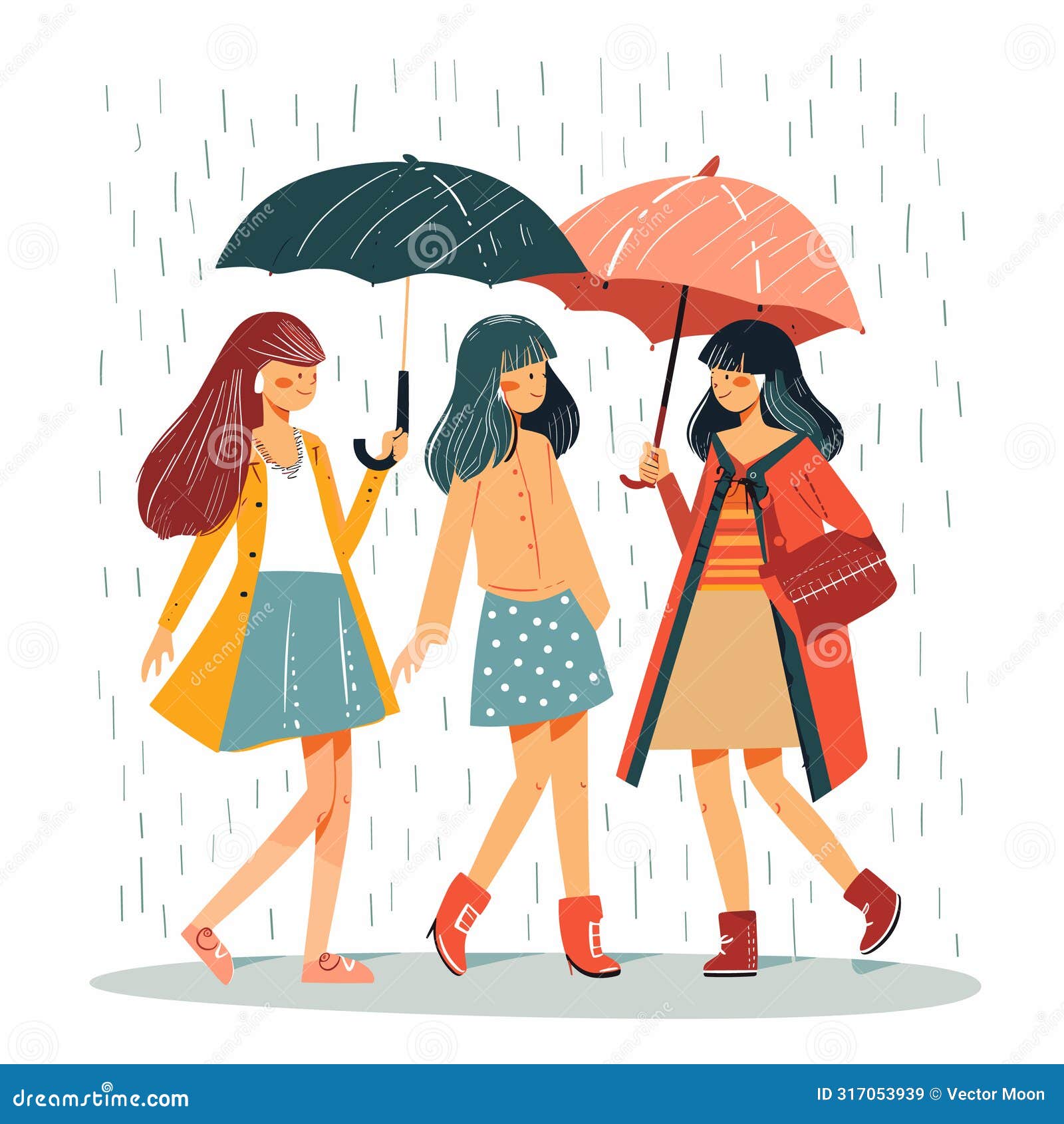 three women walking under umbrellas during rain shower, wearing coats, displaying casual fashion