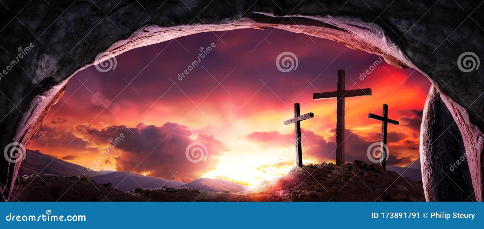 three wooden crosses and sunrise from open tomb