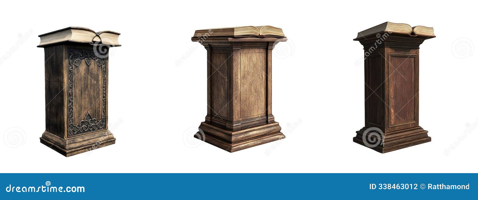 three wooden lecterns, each with a different base , are arranged in a row on a transparent background