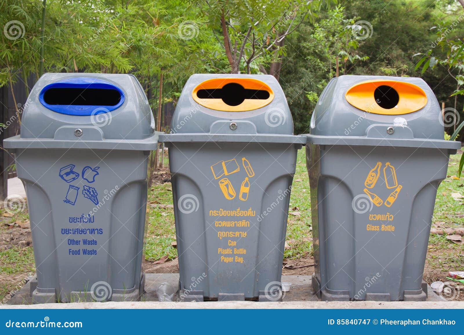 Three Yellow Bins Place in the Public Garden Stock Image Image of
