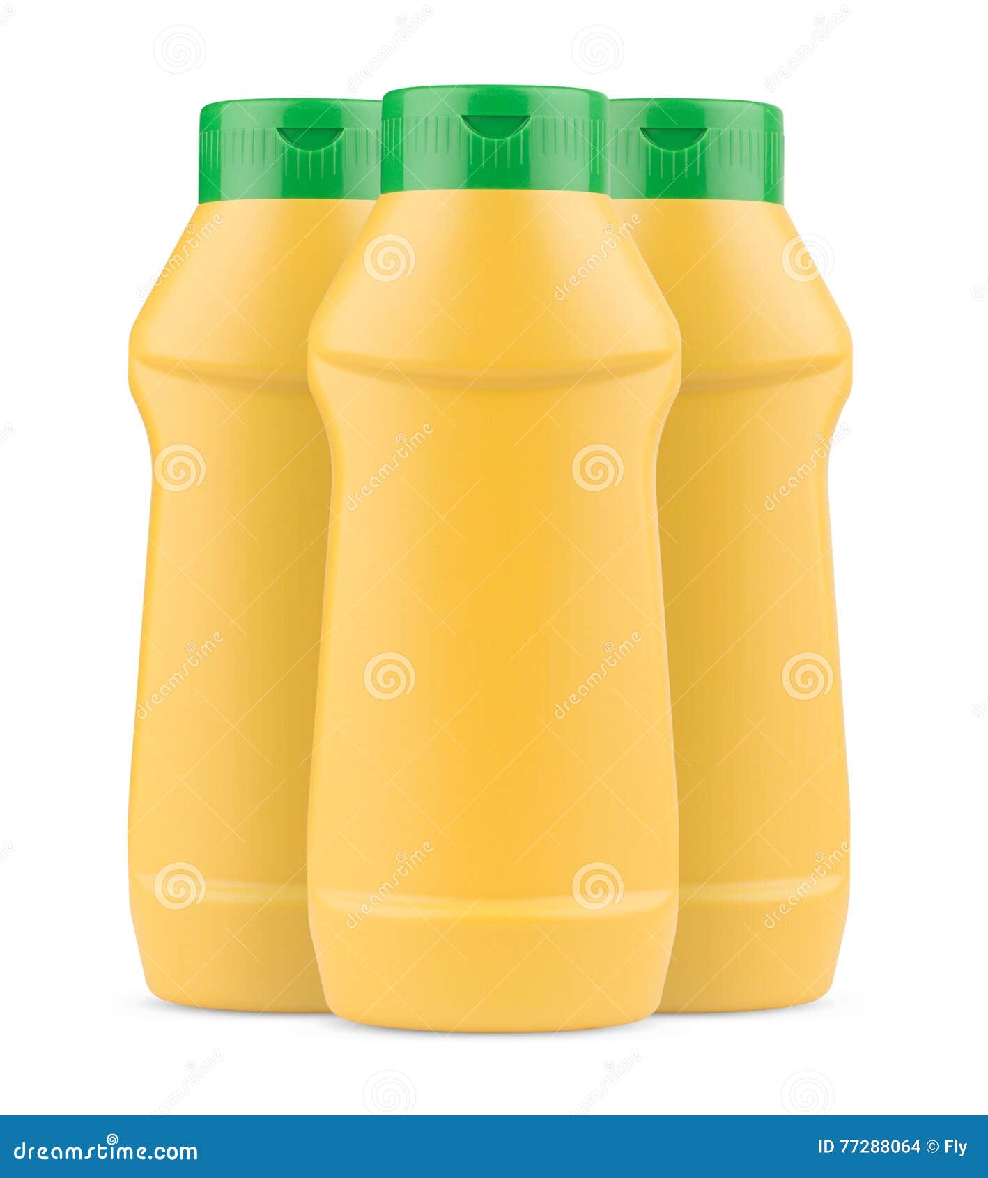Three Yellow Mustard Plastic Bottles with No Label and Green Cap Stock