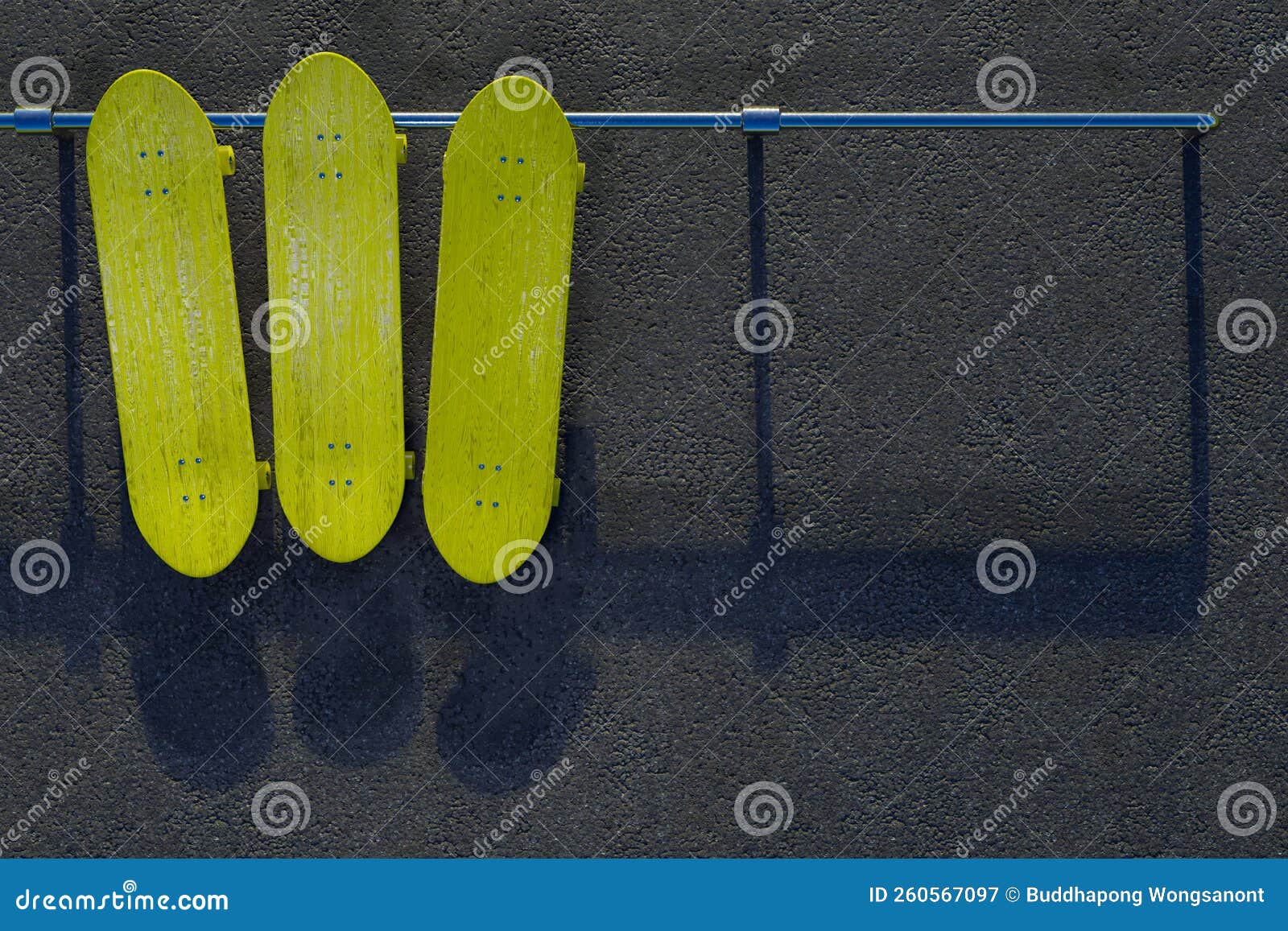 Three Yellow Skateboards on Asphalt Ground in a Skatepark. Stock