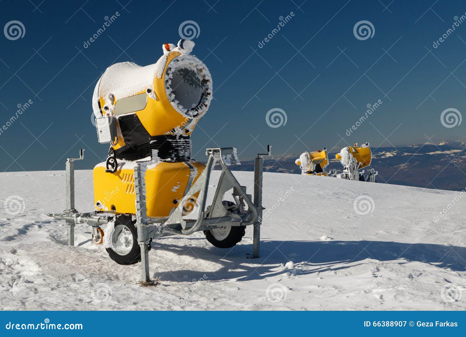 Yellow Snow Maker Machine Snow Gun, Snow Cannon At Ski Slopes Resort