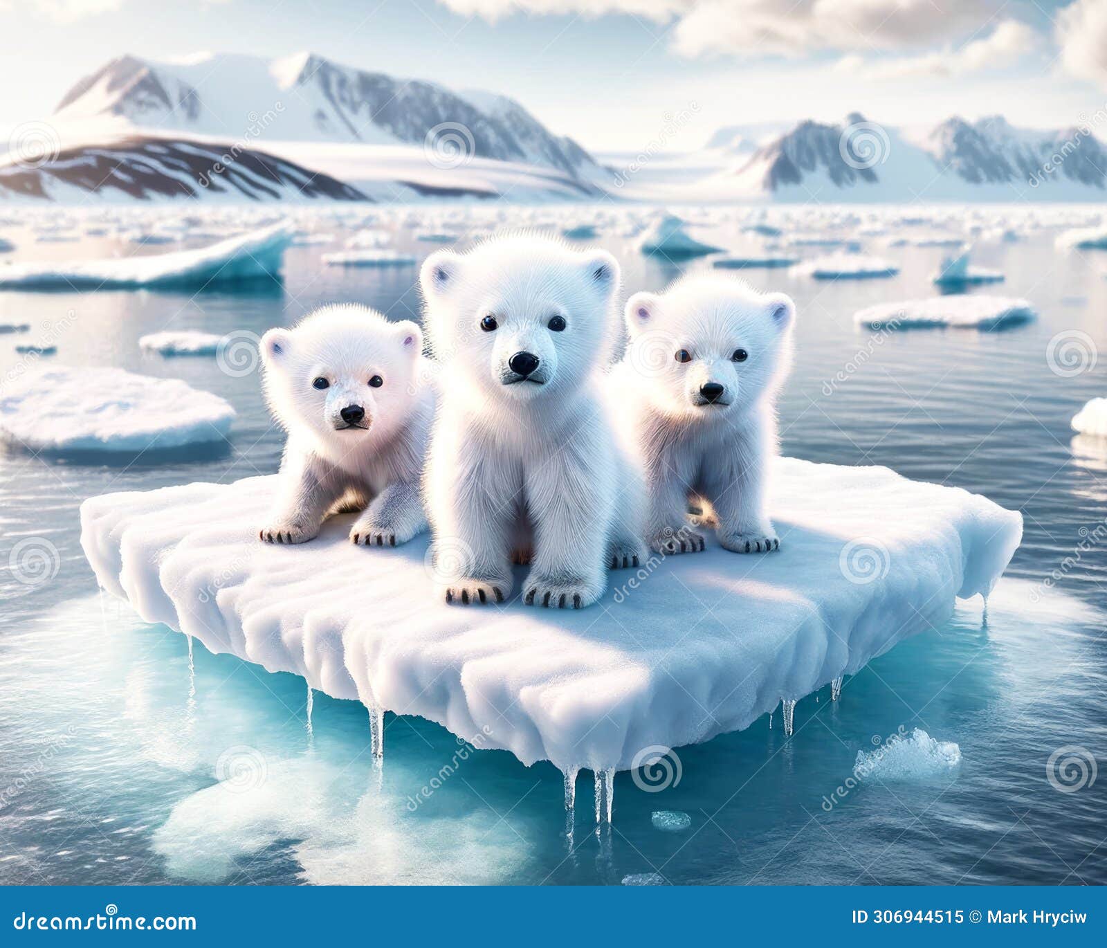 three young polar bears north pole stranded global warming floating ice island melting climate change ai generated