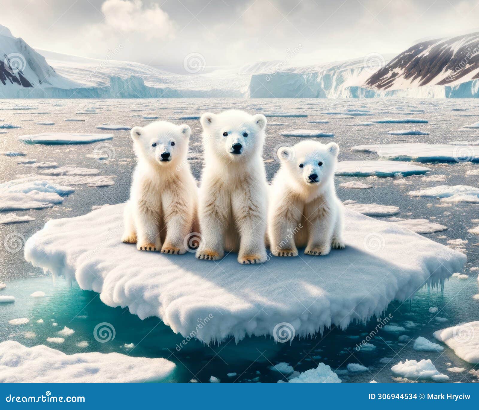 three young polar bears north pole stranded global warming floating ice island melting climate change ai generated
