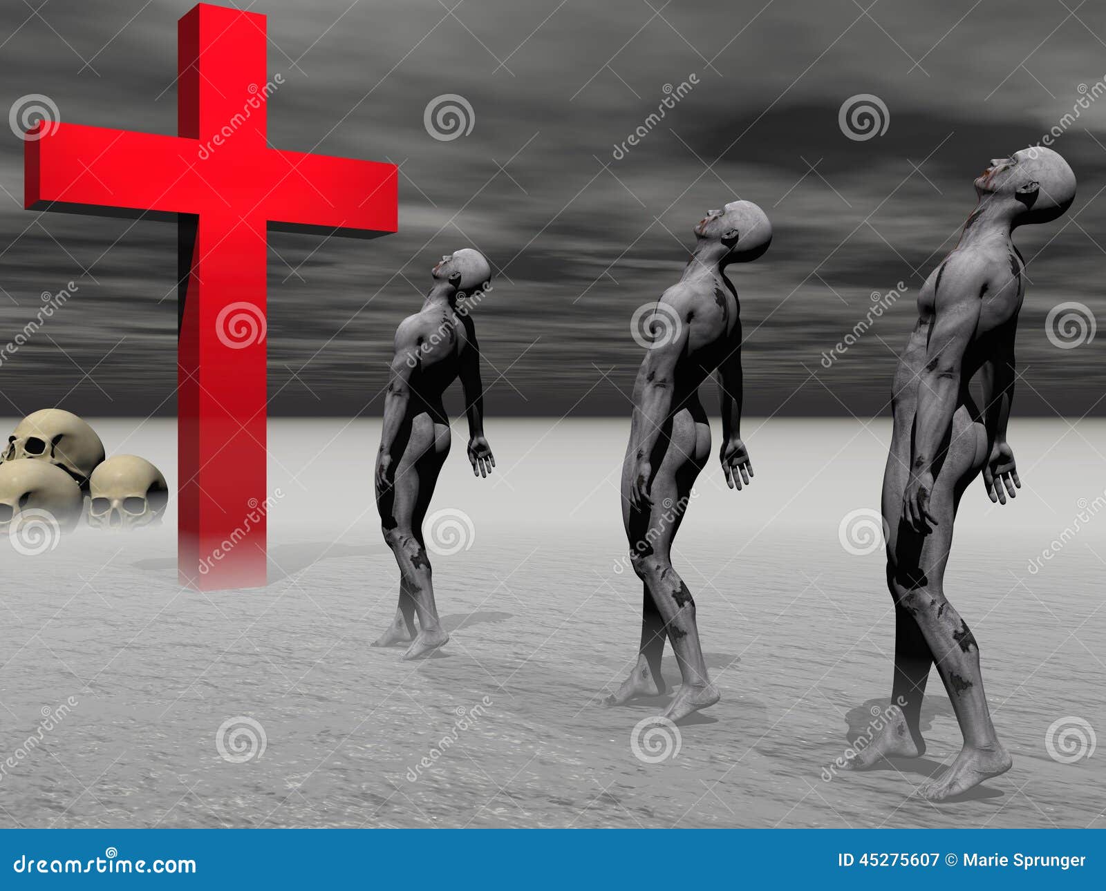 Three zombies on road towards a cross - 3d render. Three zombies on road towards a blood red cross