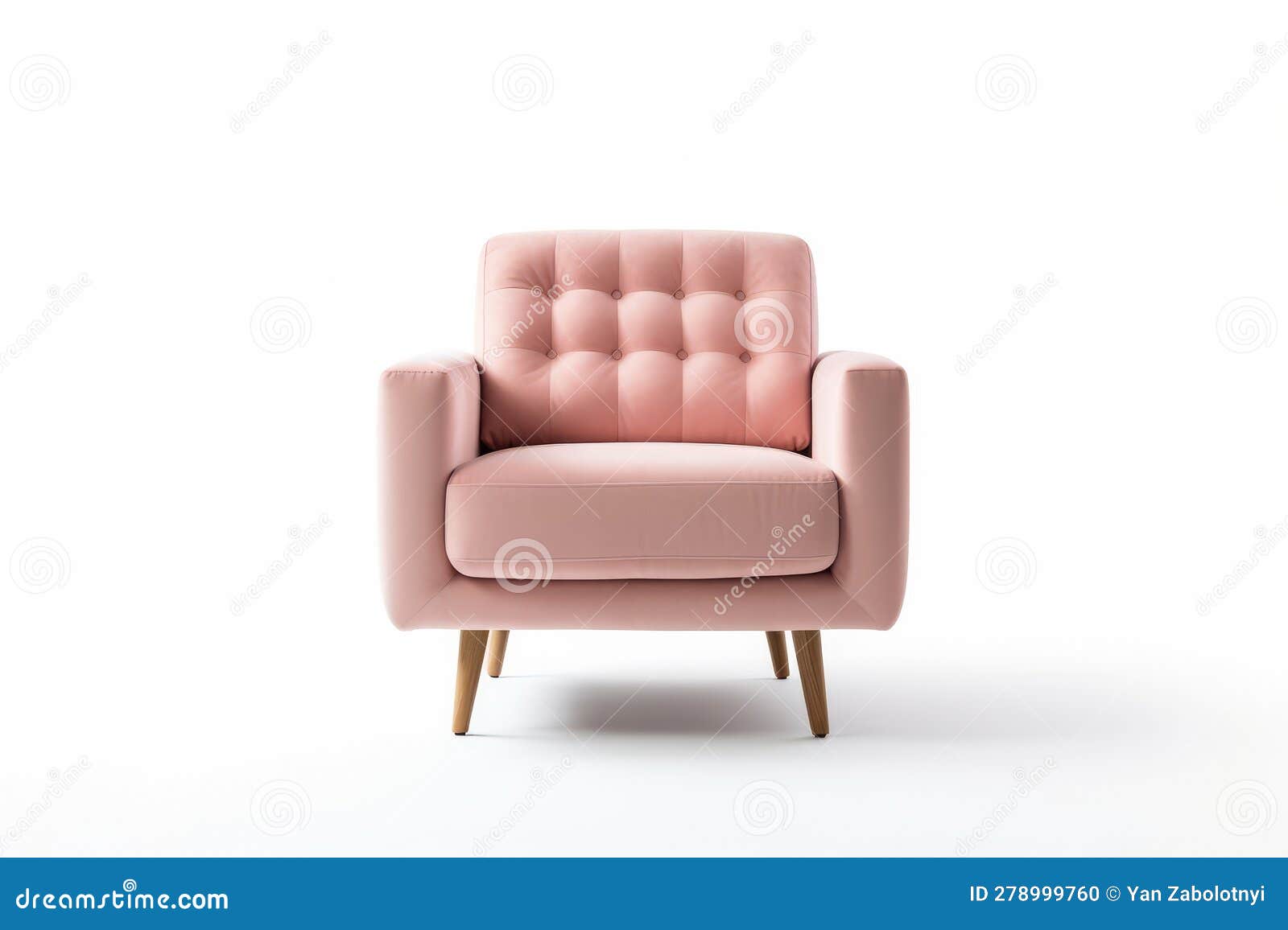 threequarter view blush pink mid century modern armchair on white background. generative ai