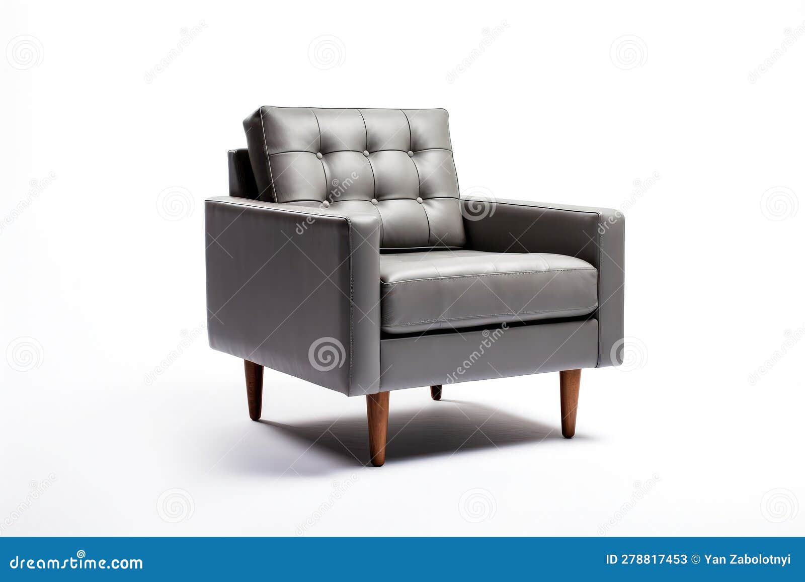 threequarter view slate gray mid century modern armchair on white background. generative ai