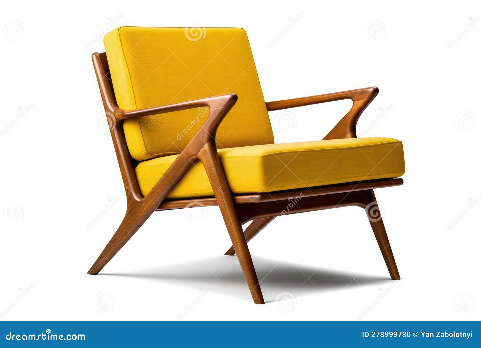threequarter view yellow mid century modern armchair on white background. generative ai