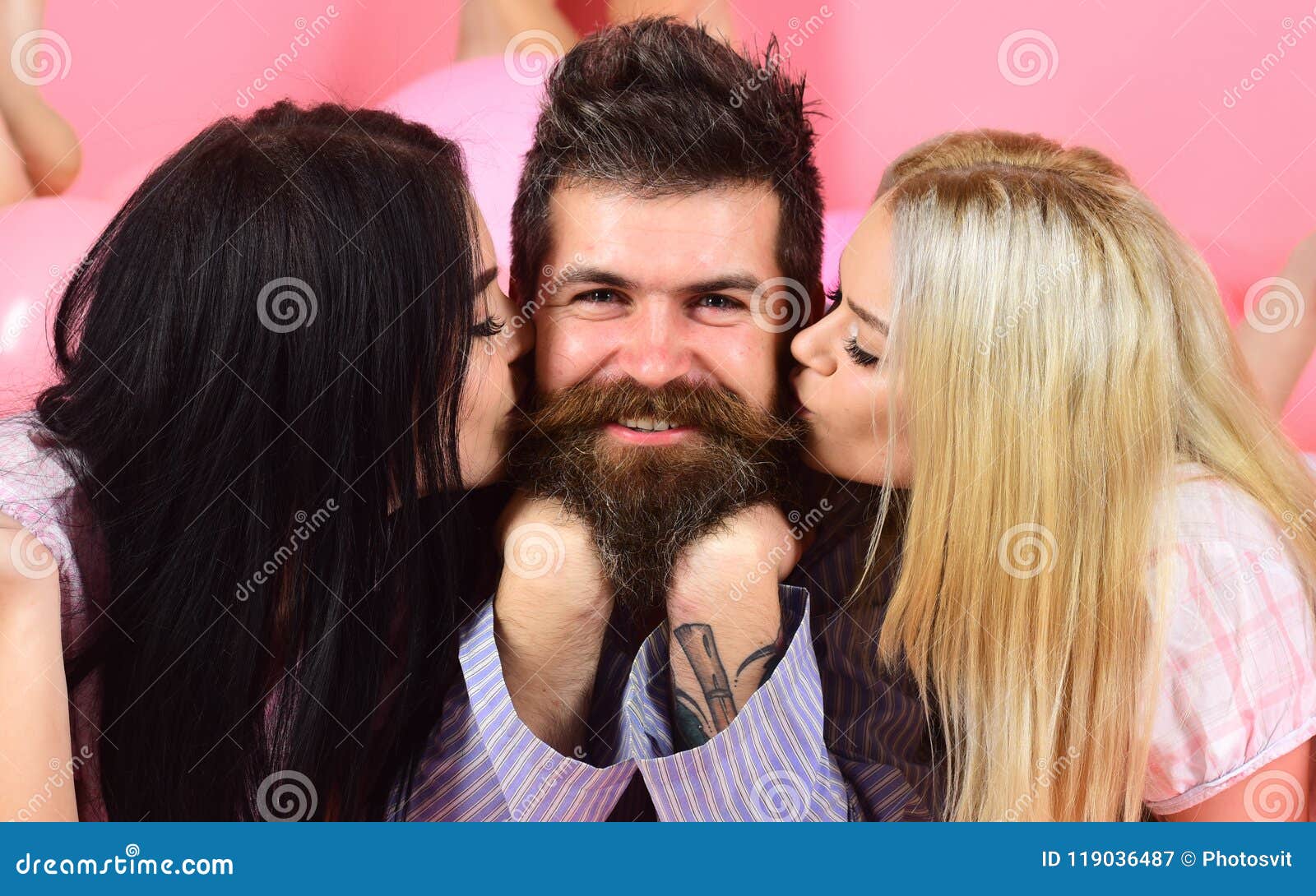 Threesome Lay Near Balloons Happy Guy On Smiling Face Man With Beard And Mustache Attracts