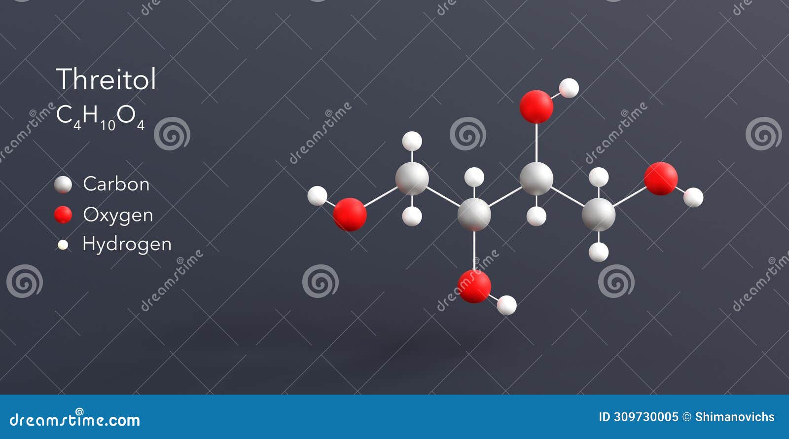 threitol molecule 3d rendering, flat molecular structure with chemical formula and atoms color coding