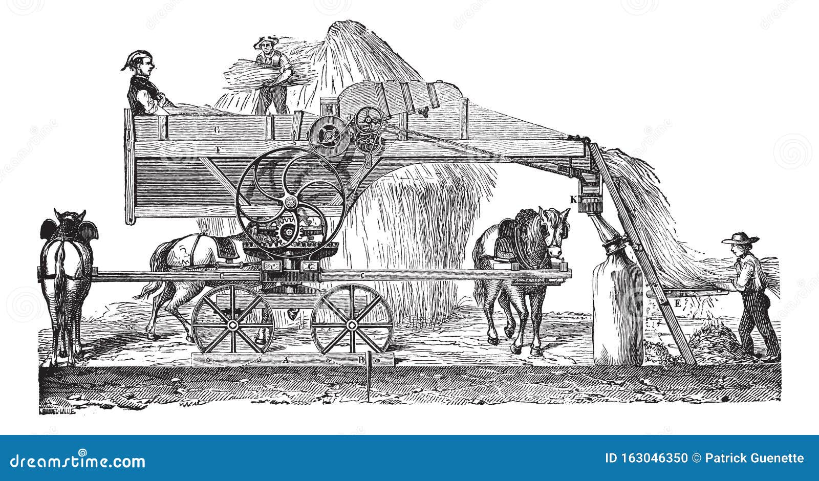 threshing machine or thrashing machine vintage engraving