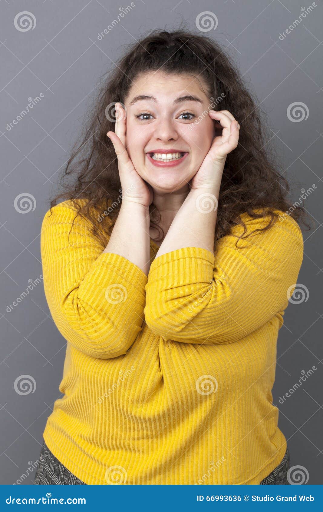 thrilled young fat woman smiling for shy seduction