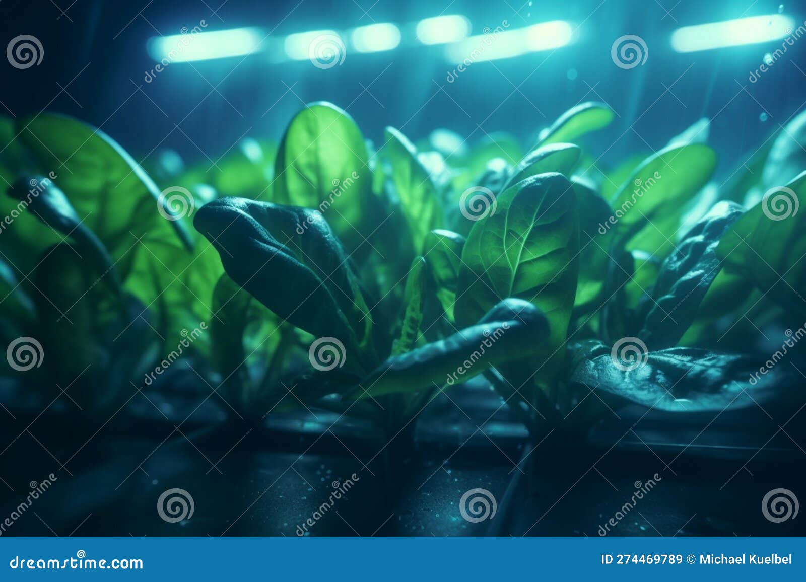 thriving spinach plants cultivated under artificial uv light in a lab setting