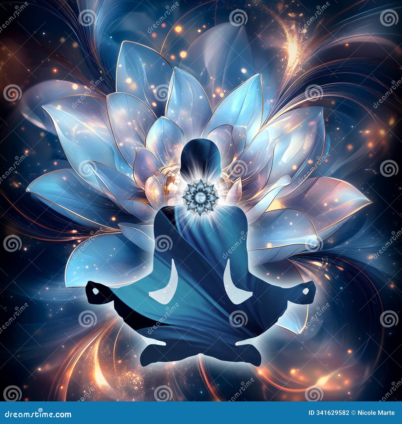 throat chakra meditation in yoga lotus pose, in front of vishuddha chakra .