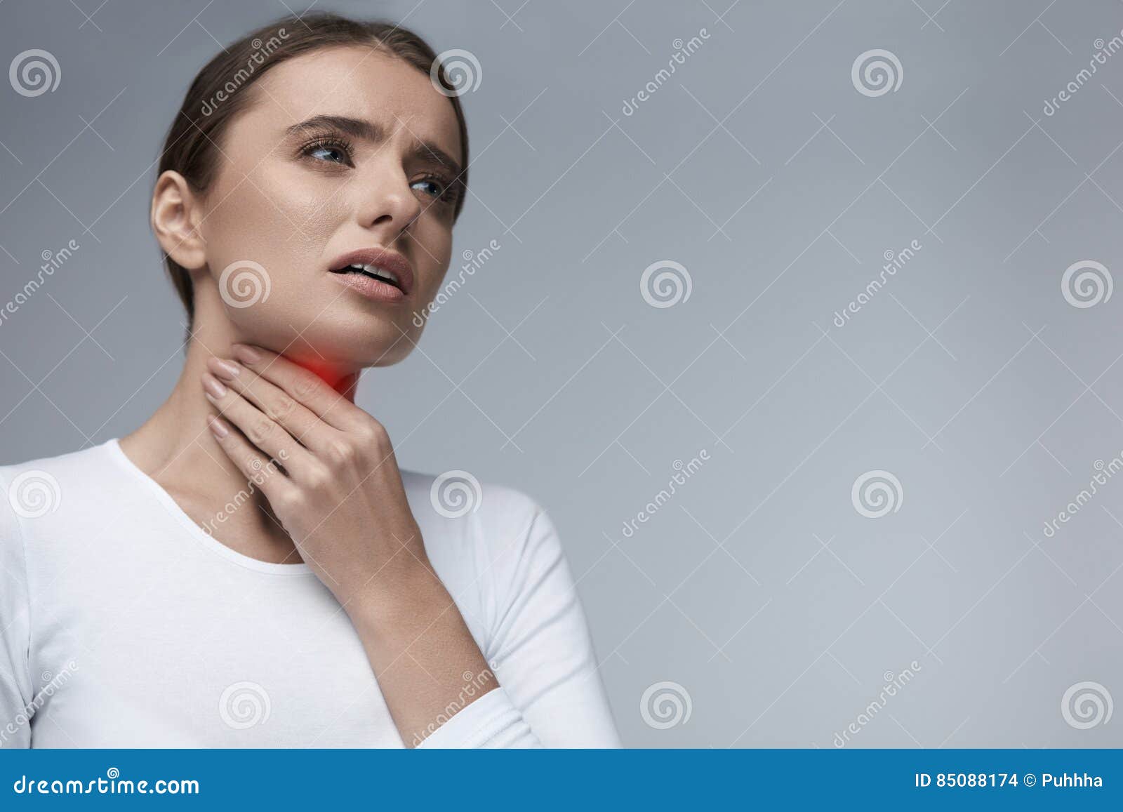 throat pain. beautiful woman having sore throat, painful feeling