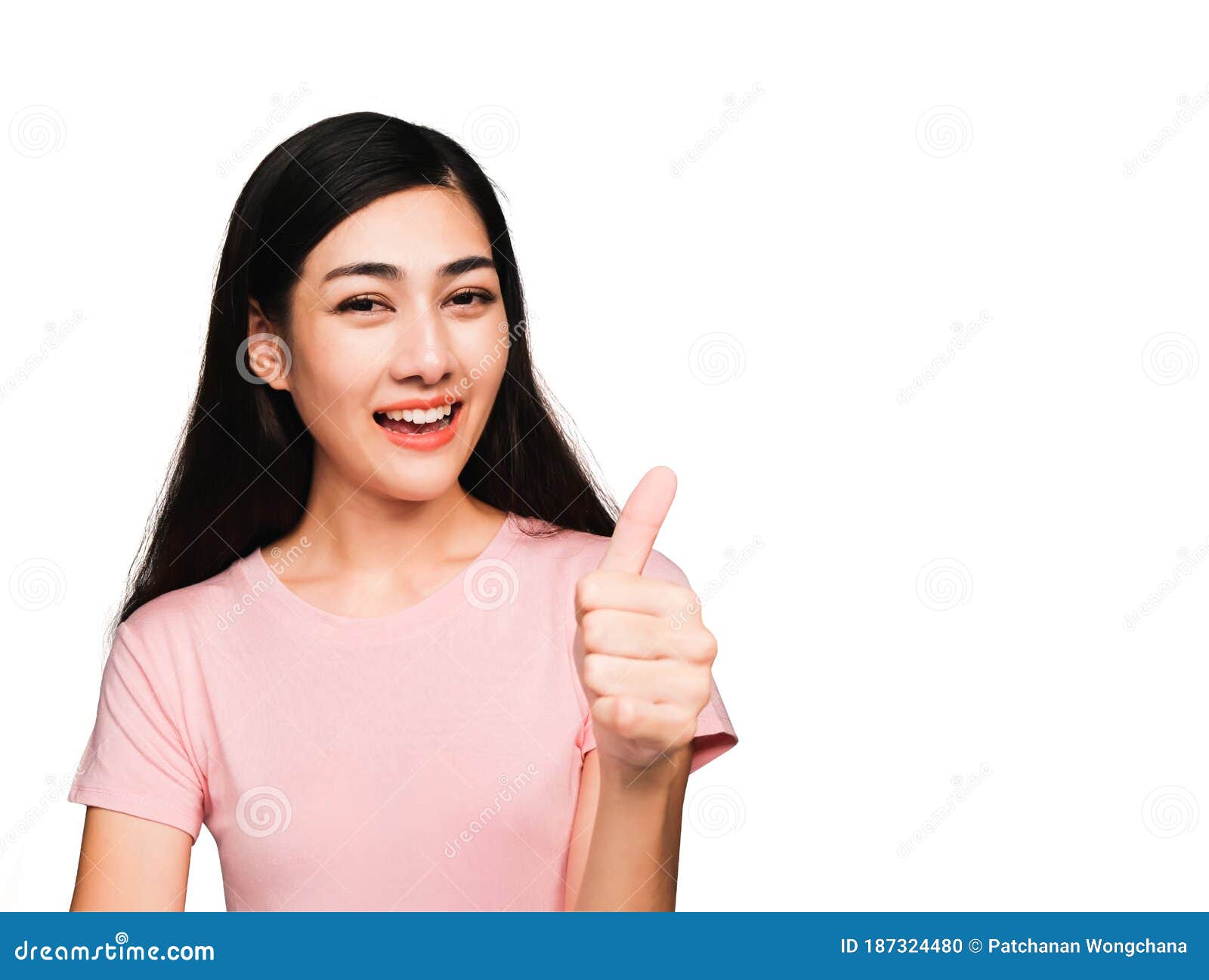thums up happy young beautiful asian woman wearing pink t-shirt  on white background