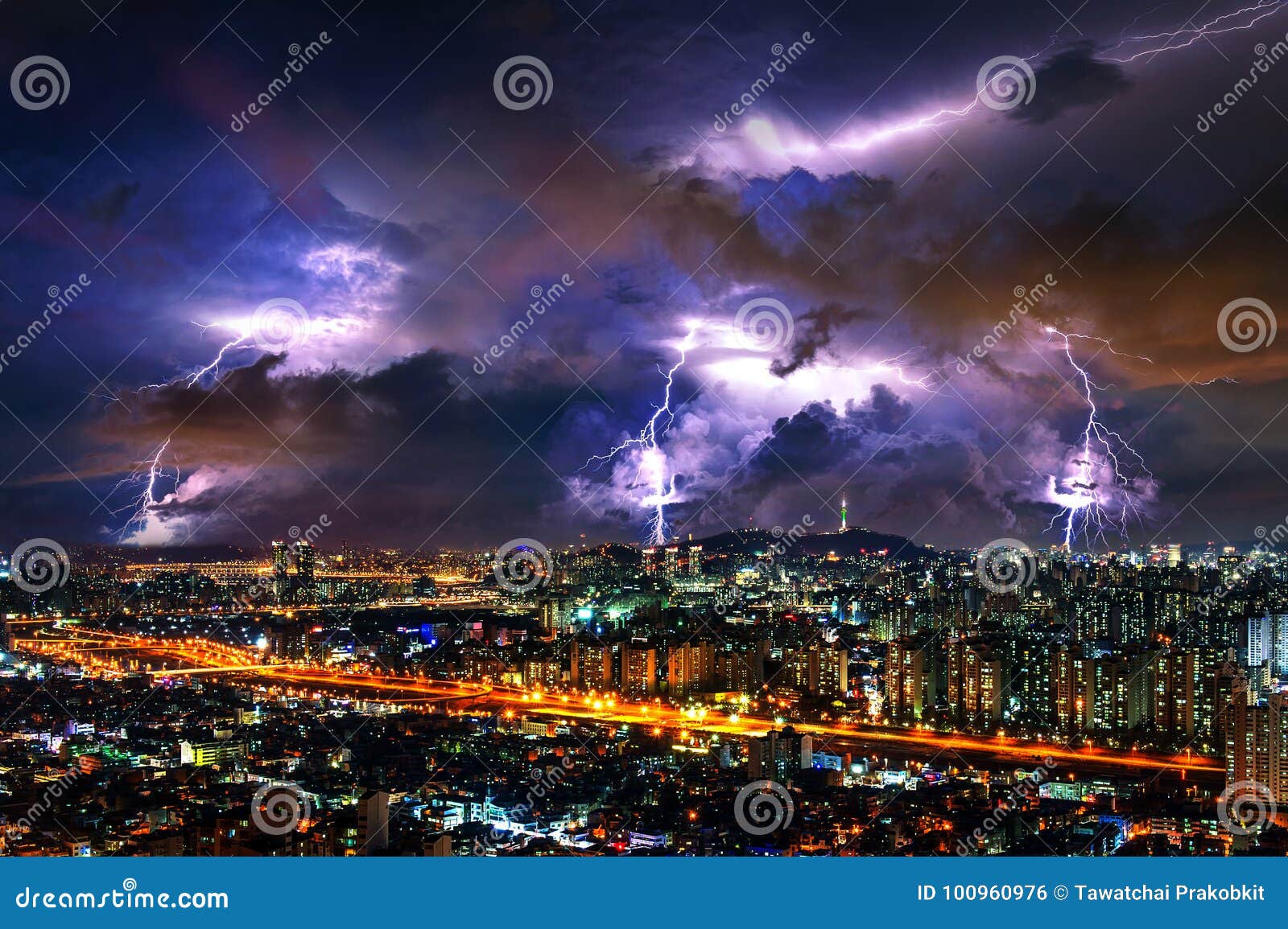 thunderstorm clouds with lightning at night in seoul, south korea