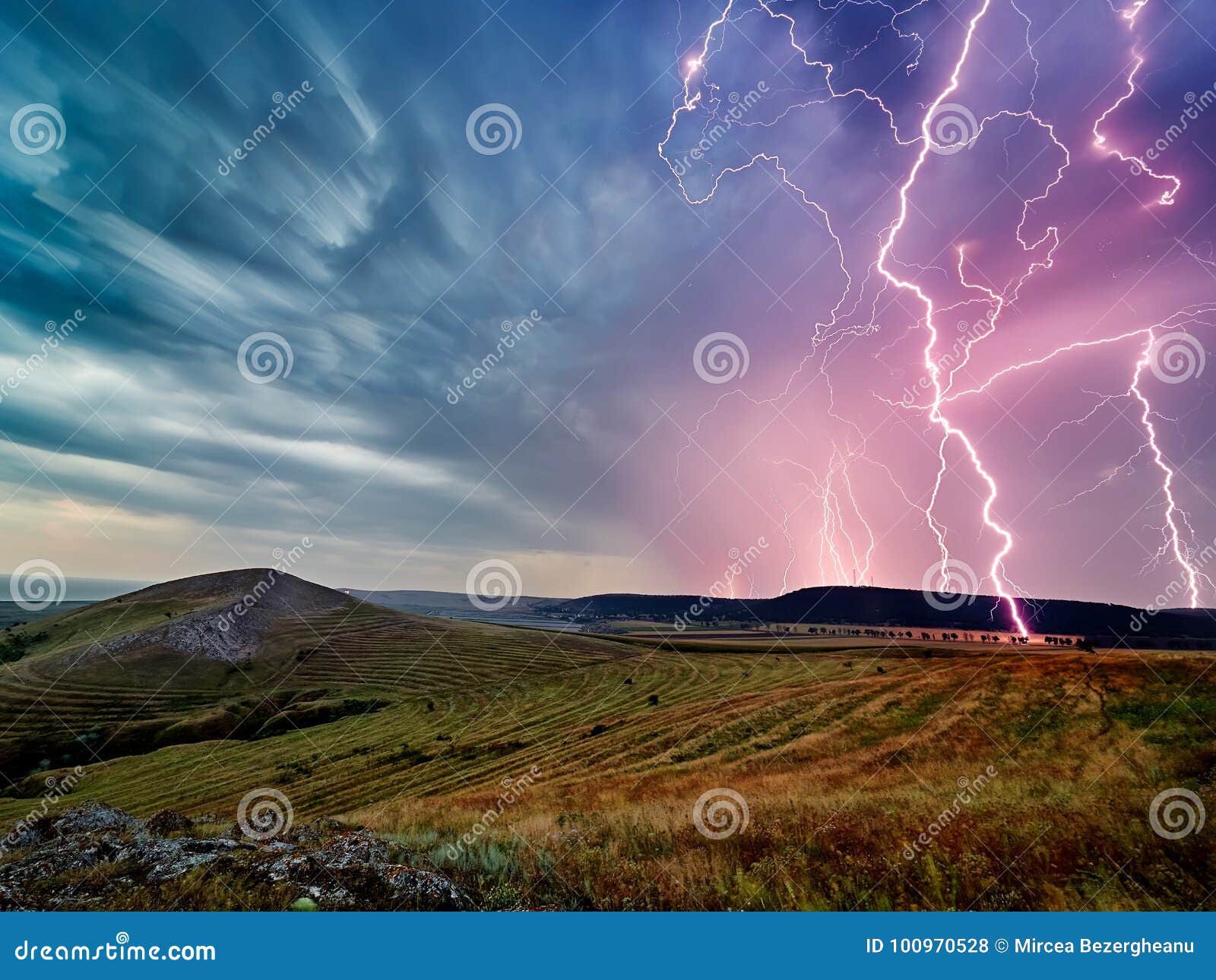 thunderstorm with lightnings over the fields