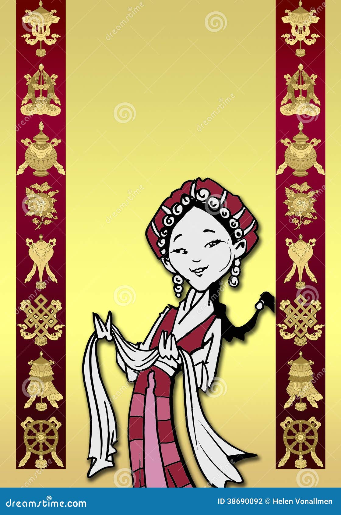 tibetan girl with khata and auspicious s,cartoon