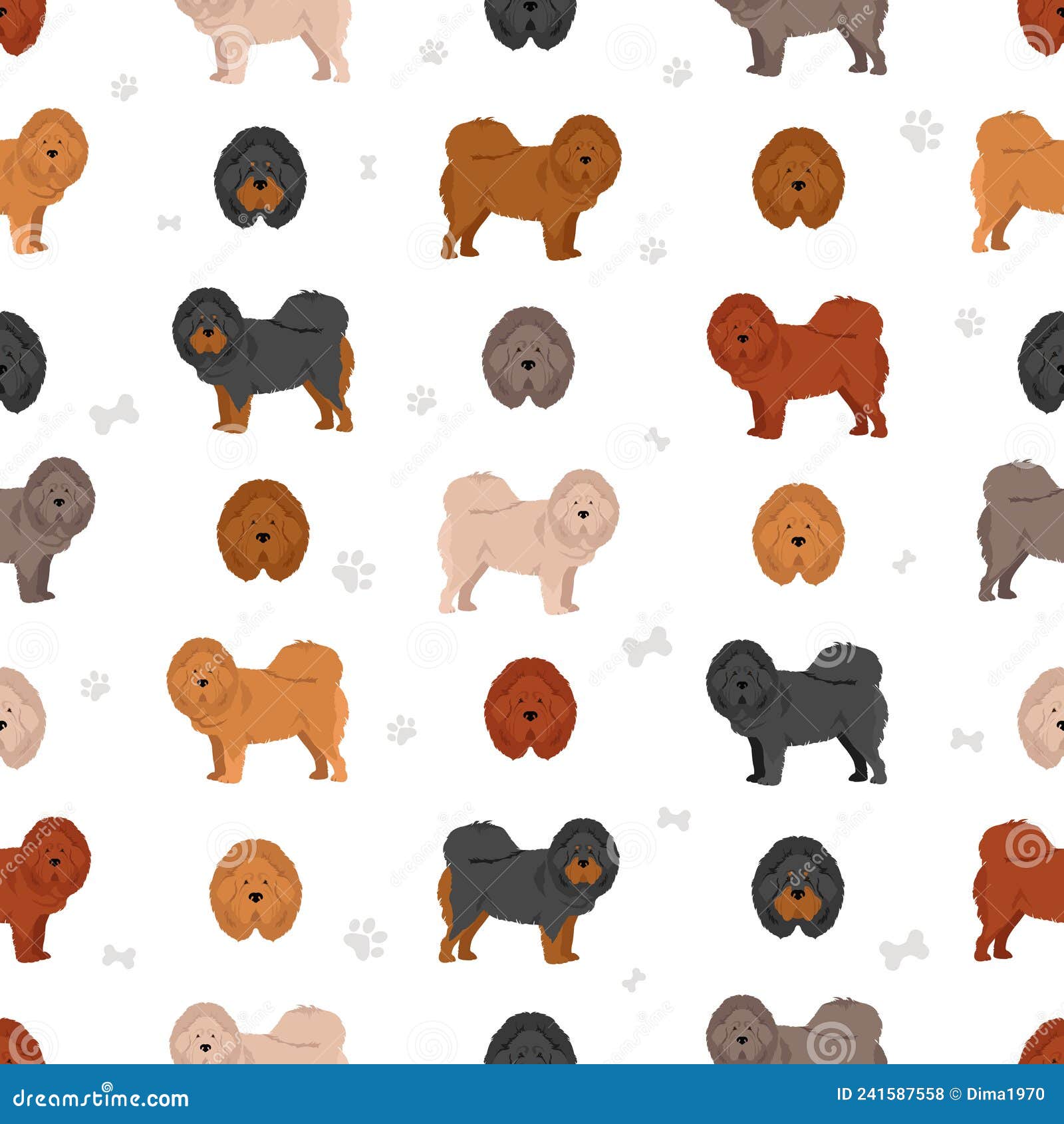 Tibetan Mastiff Seamless Pattern. Different Poses, Coat Colors Set