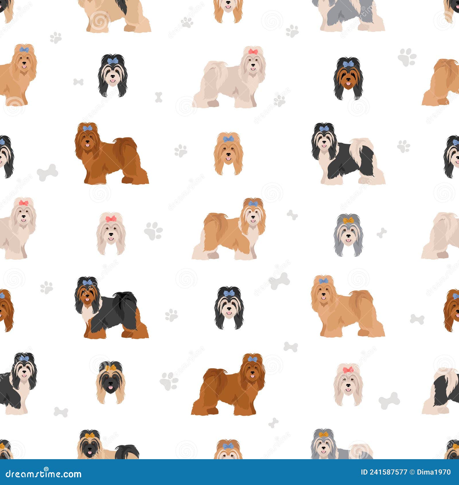 Tibetan Terrier Seamless Pattern. Different Poses, Coat Colors Set Stock Vector Illustration