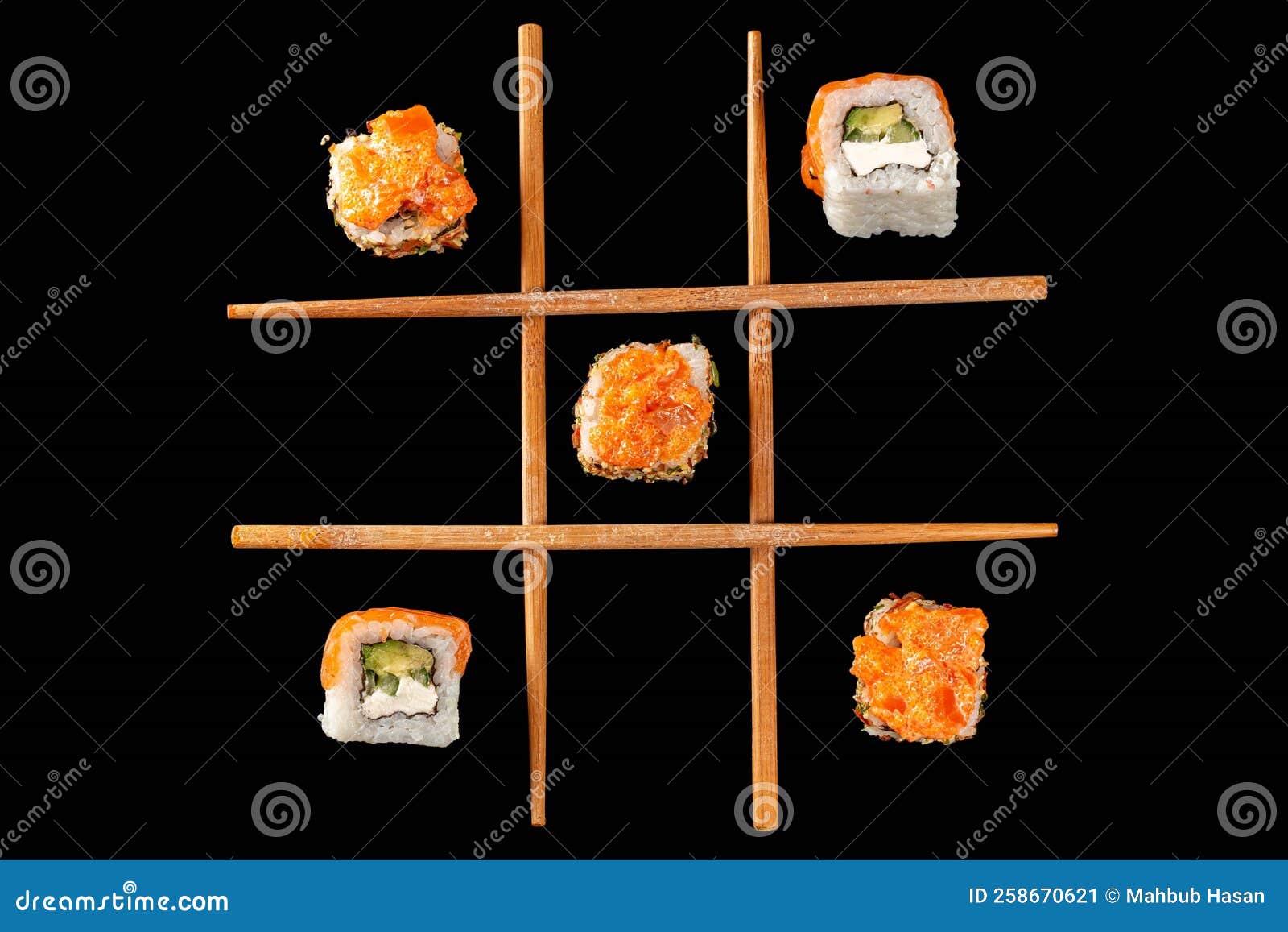 Tictactoe Game with Two Types of Rolls on a Black Background Stock