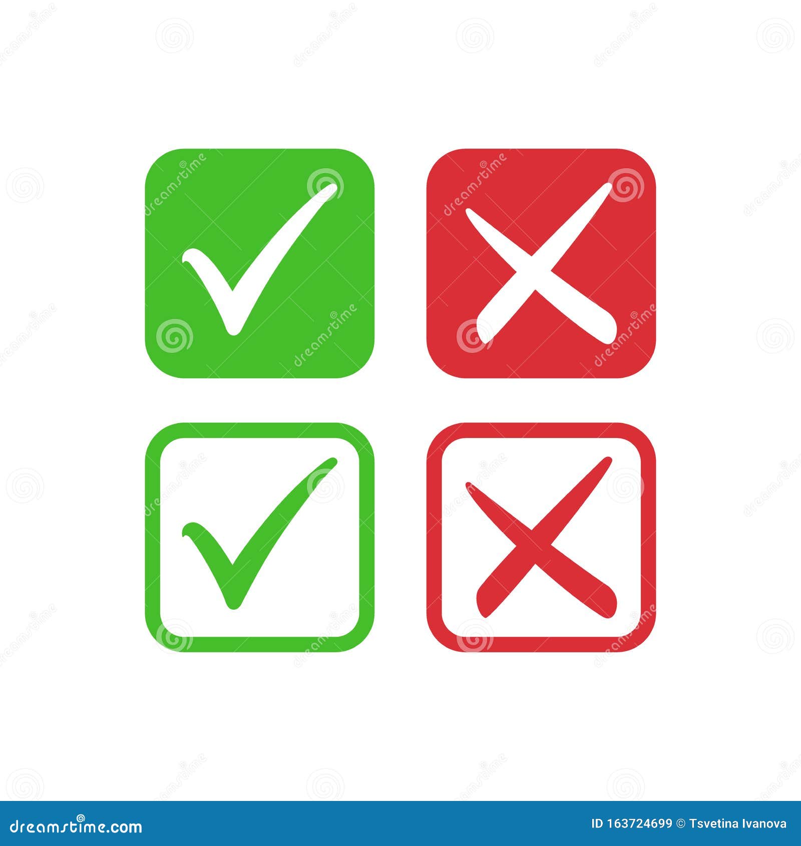 tick  set in red and green circle, checkmark in checkbox  icons.