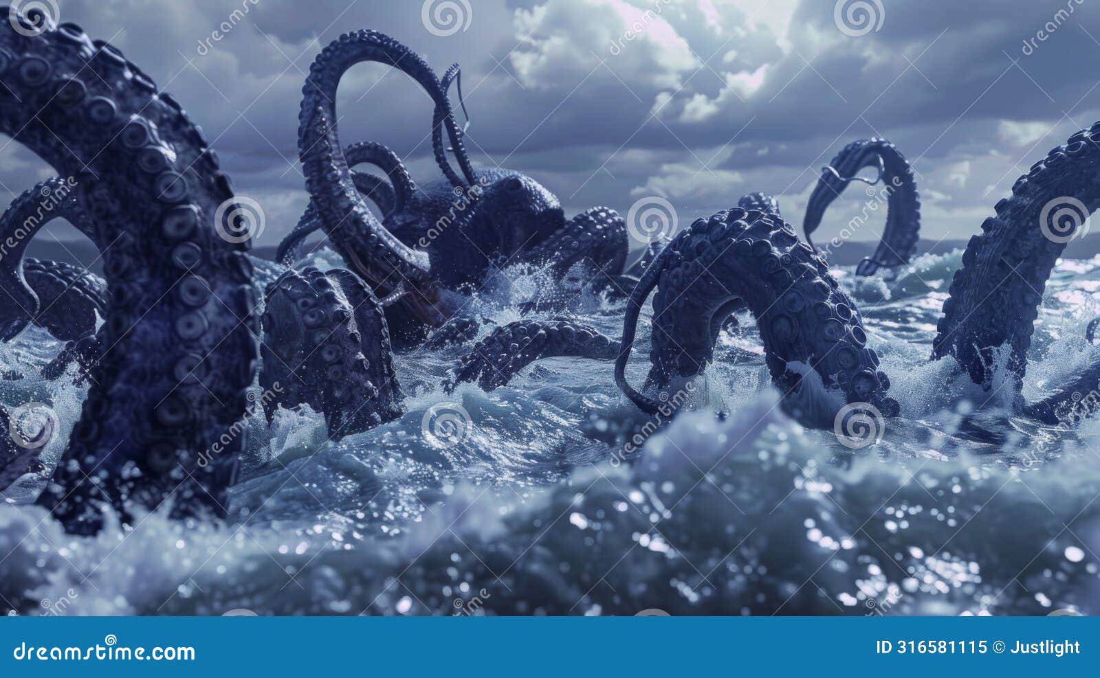 the tidal wave crashed onto the land revealing a fearsome army of sea monsters from giant tentacled krakens to sleek