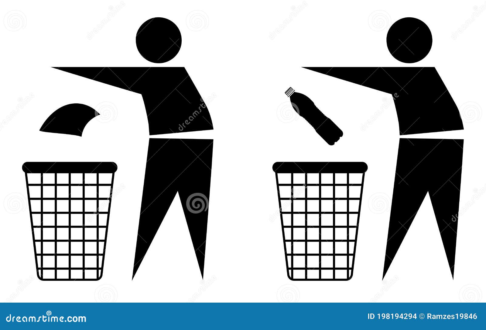 Tidy, Stick Man Throws Garbage into Trash Bin. Keeping Order Reminder