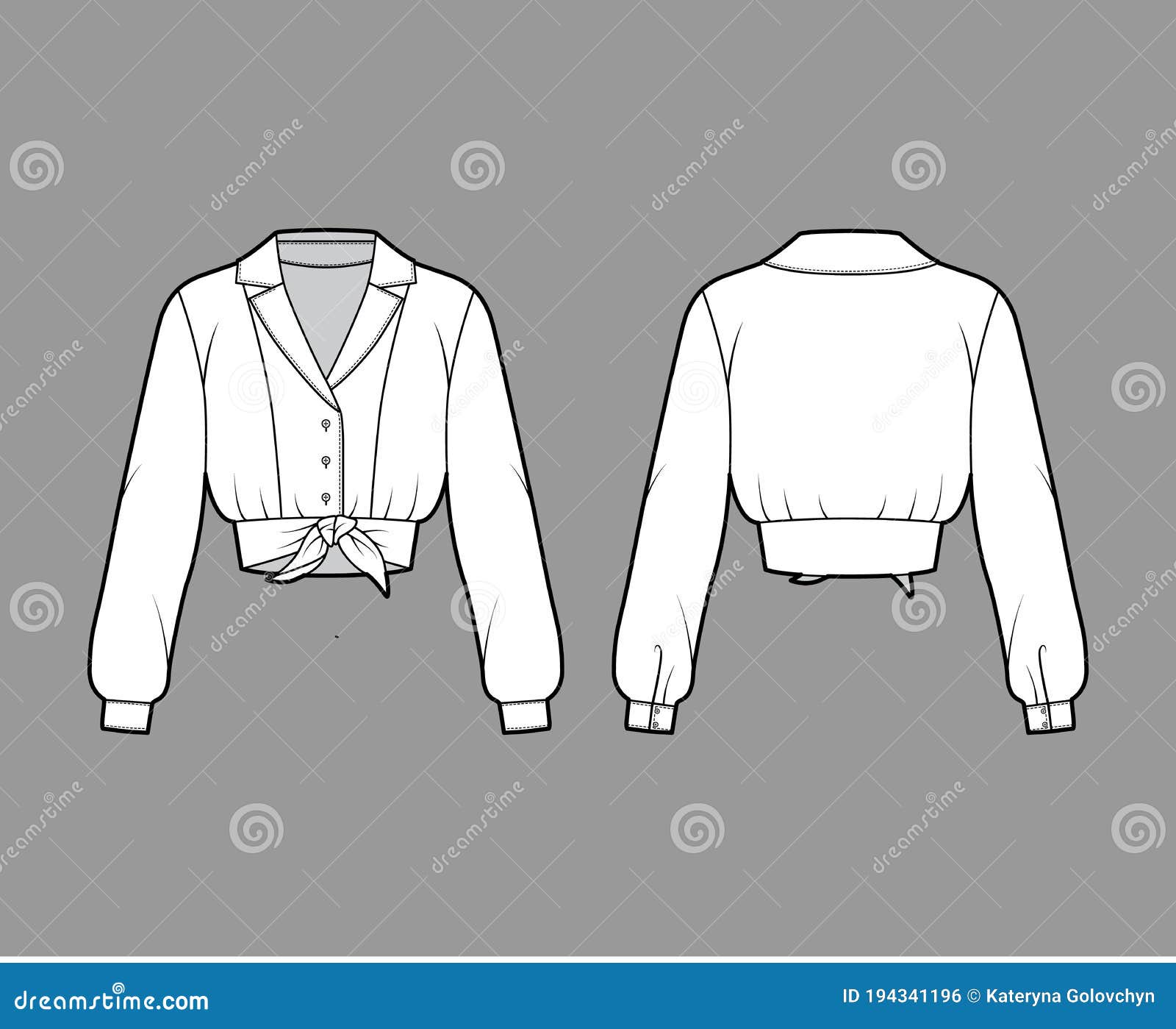 Tie-front Cropped Shirt Technical Fashion Illustration with Camp Collar ...