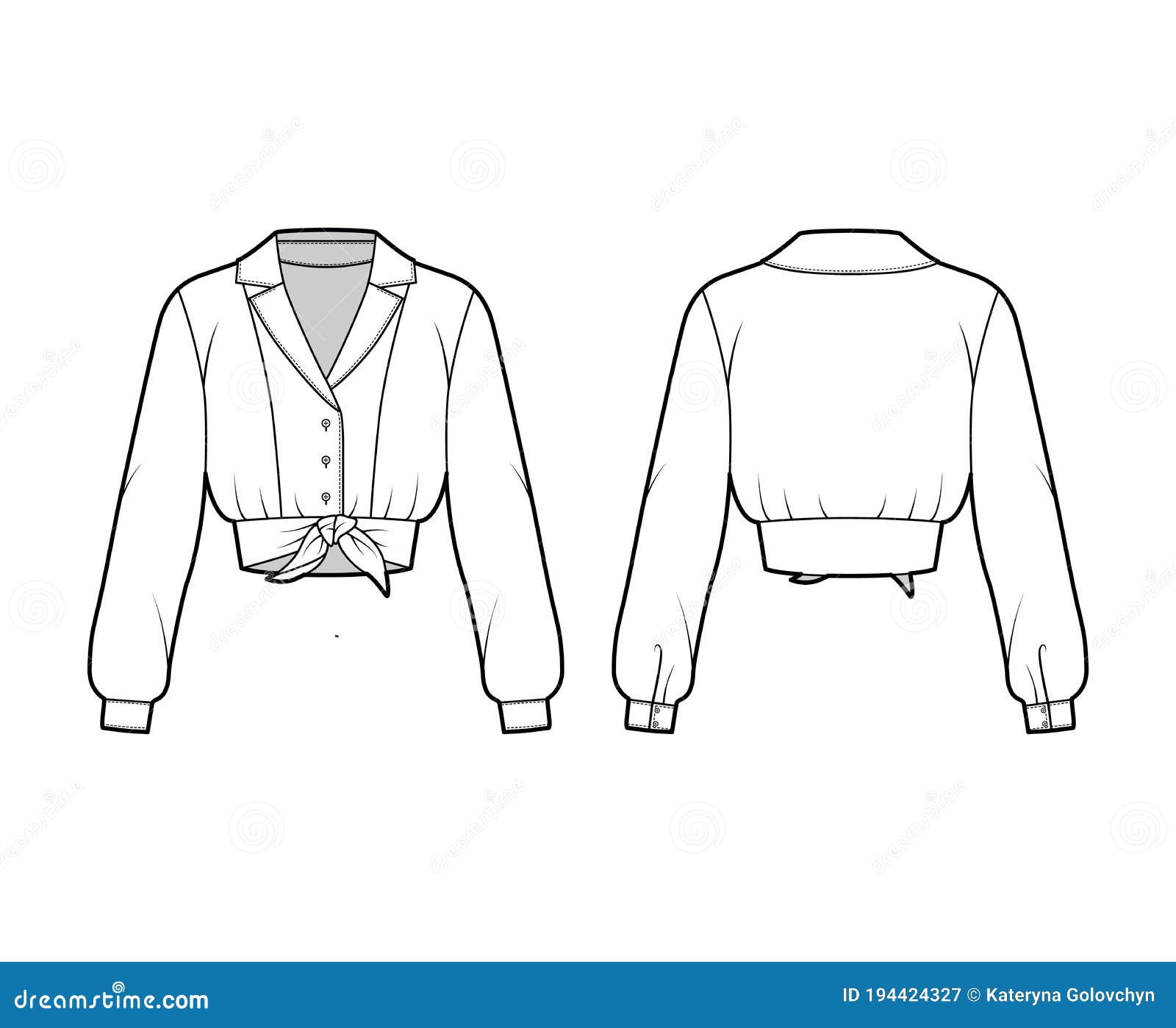 Tie-front Cropped Shirt Technical Fashion Illustration with Camp Collar ...