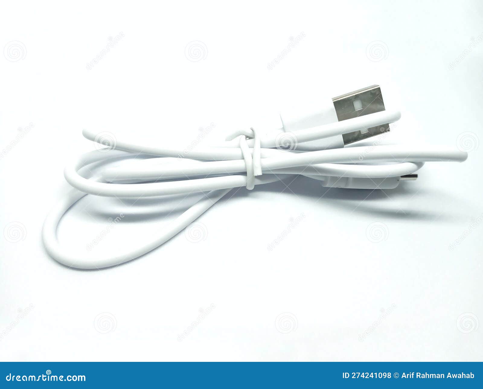 tied white usb cable on a white background