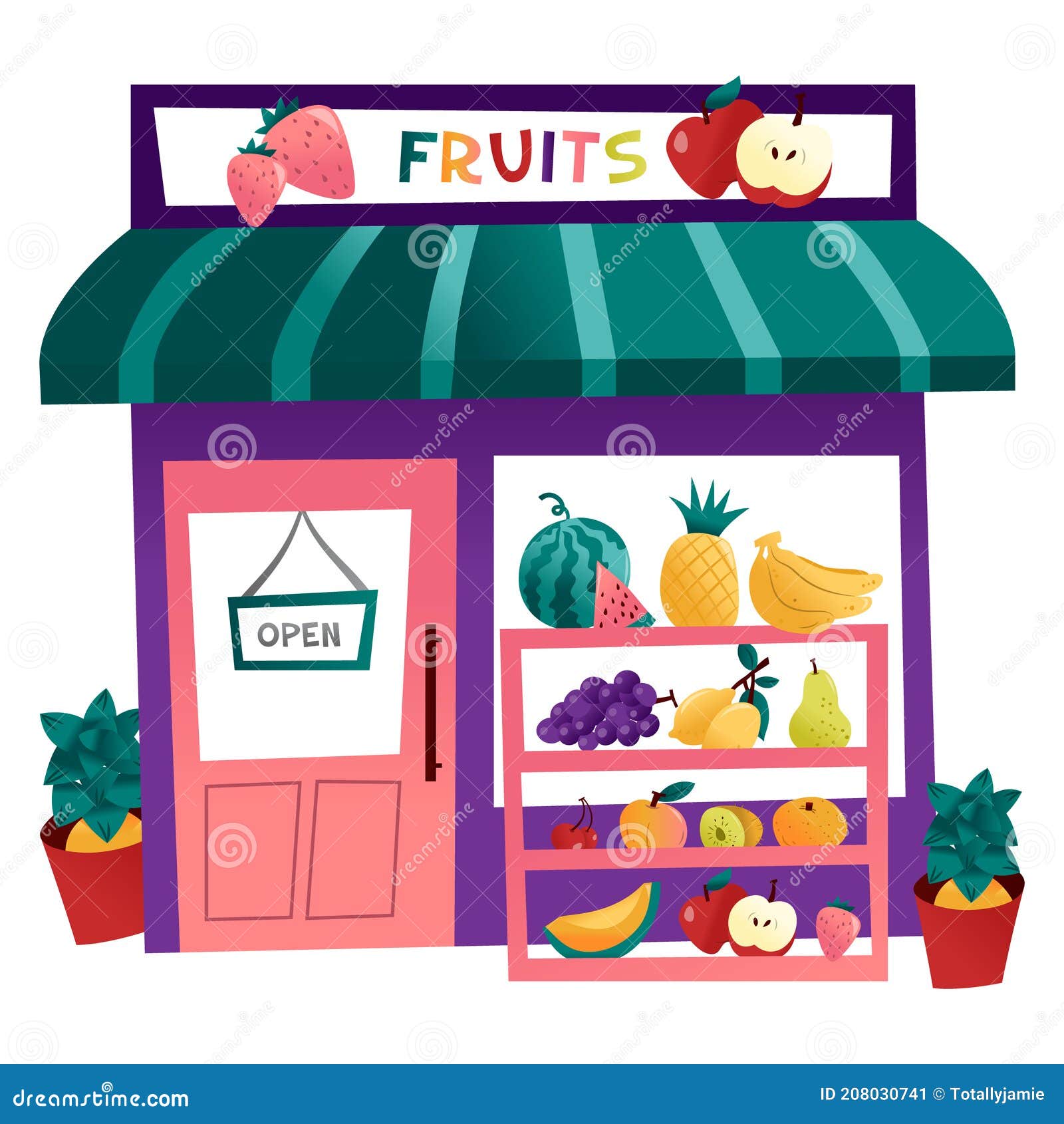 Tienda De Frutas De Dibujos Animados Stock de ilustración - Ilustración de  anaranjado, historieta: 208030741