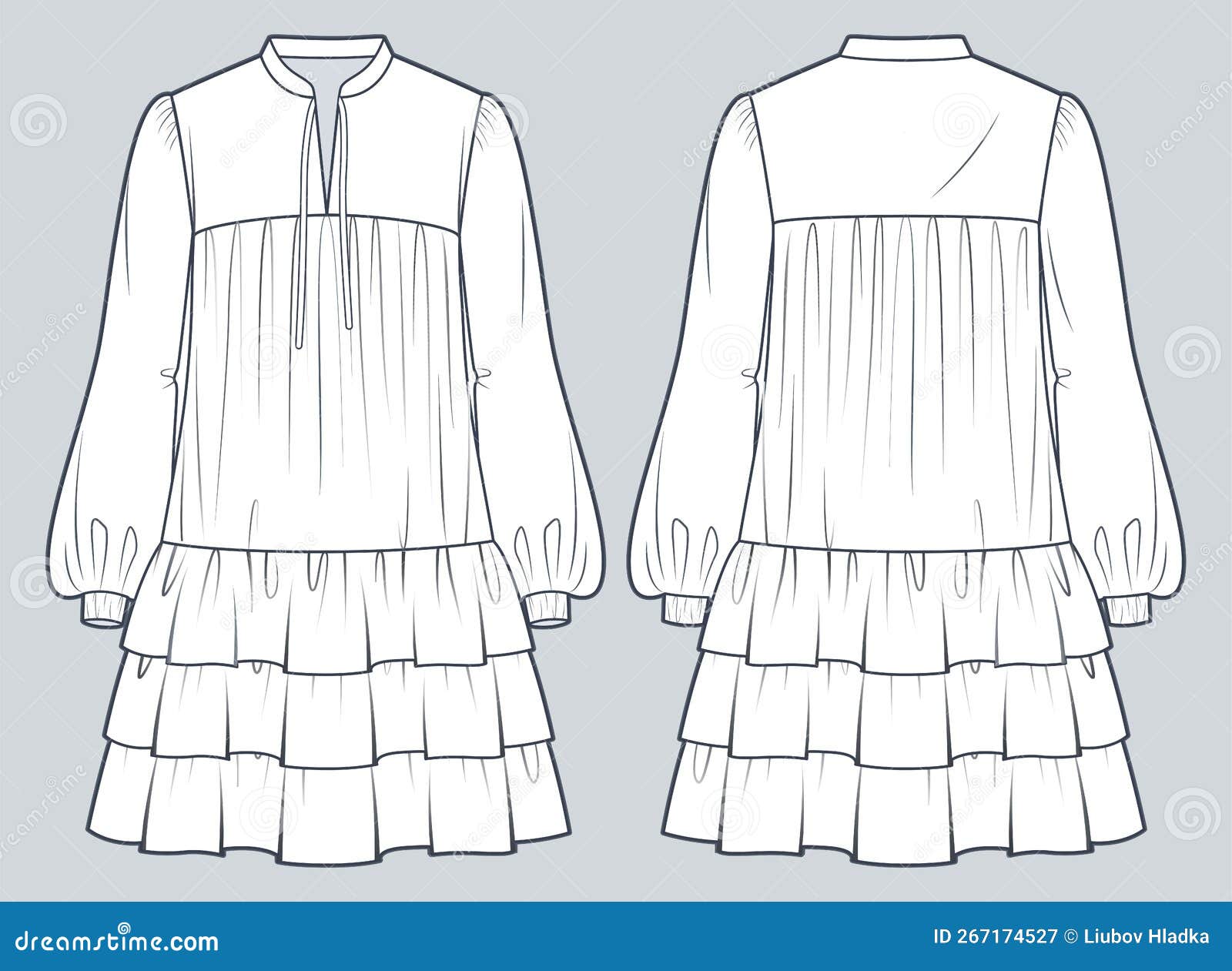 tiered mini dress technical fashion . ruffled dress fashion flat technical drawing template