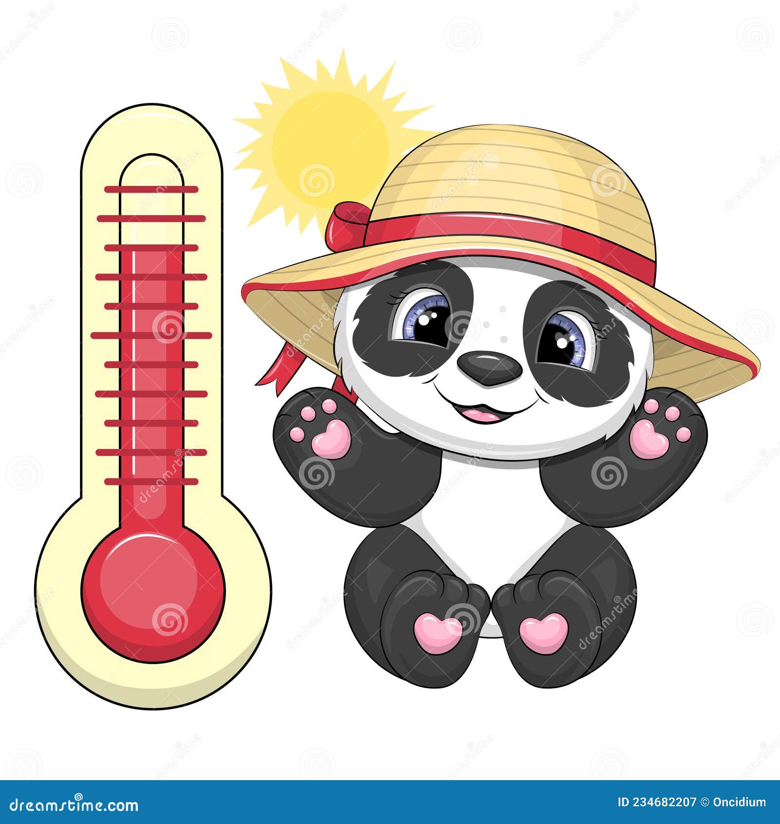 Tierno Termómetro De Dibujos Animados Y Panda Con Sombrero De Verano.  Ilustración del Vector - Ilustración de lindo, fondo: 234682207